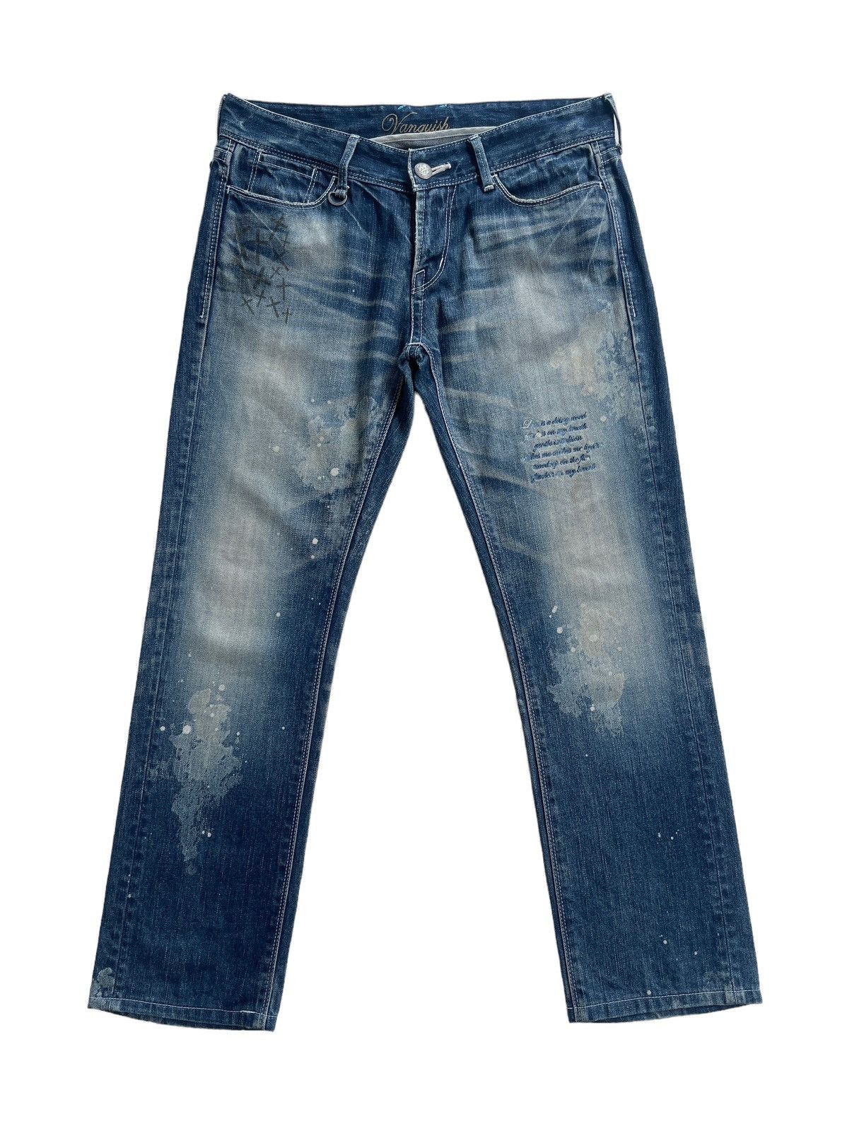 image of Vanquish Japan Rusty Paint Splatted Denim in Blue Denim, Men's (Size 33)