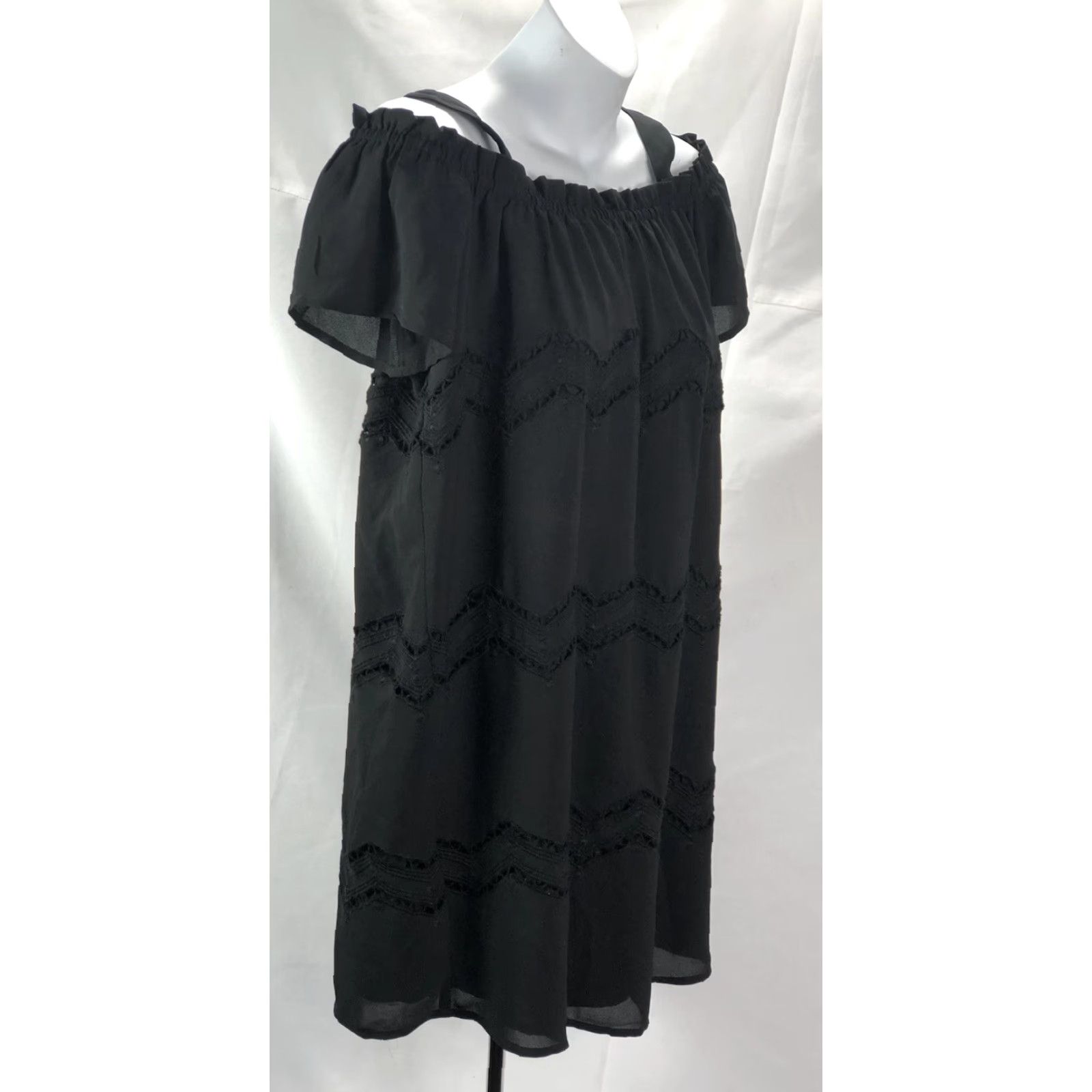 VINTAGE Ann Taylor Loft Mini Lace Dress XSP Blk Off Shoulder Ruffles Cap Sleeve Boho Y2K