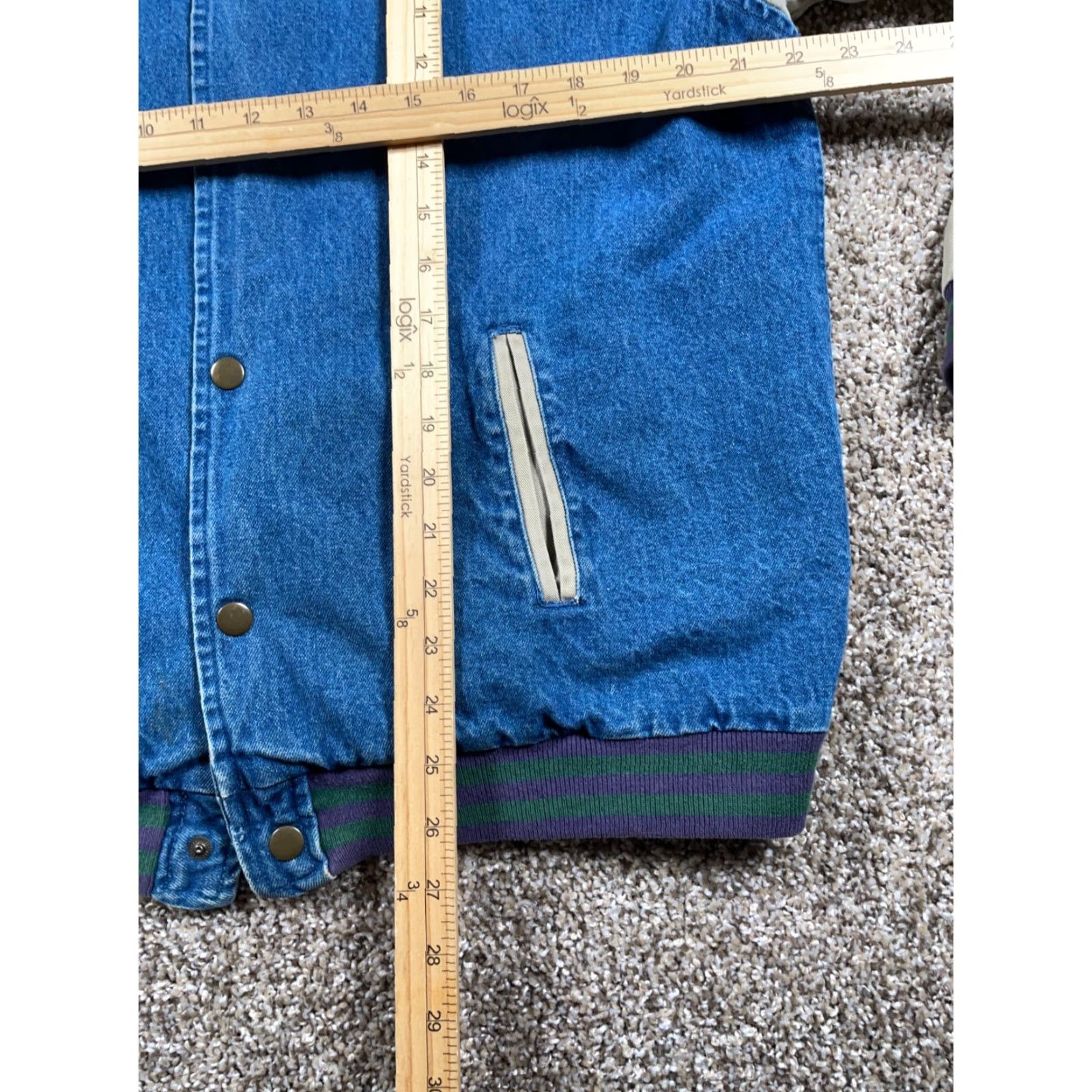 Denime VINTAGE Denim Bomber Jacket Men XL Blue Beige Tartan Lining Snap Front 90s Retro Preppy Pockets Size US XL / EU 56 / 4 - 7 Thumbnail