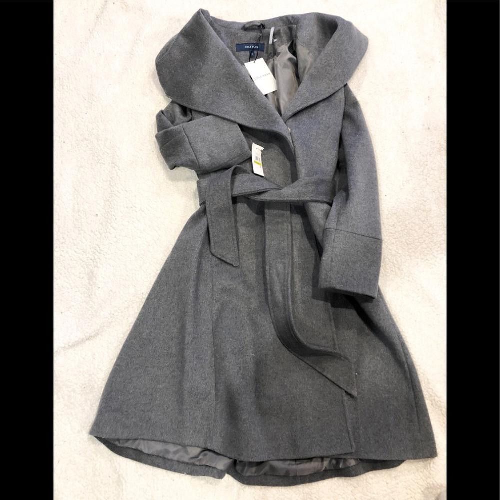 image of Cole Haan Belted Wool Shawl Collar Wrap Coat in Grey, Women's (Size XL)