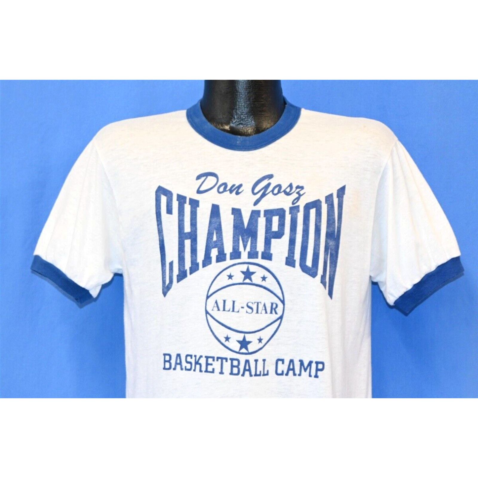 image of VTG 80's Don Gosz Champion All Star Camp Basketball Mikasa Wisconsin T-Shirt L in White (Size Large