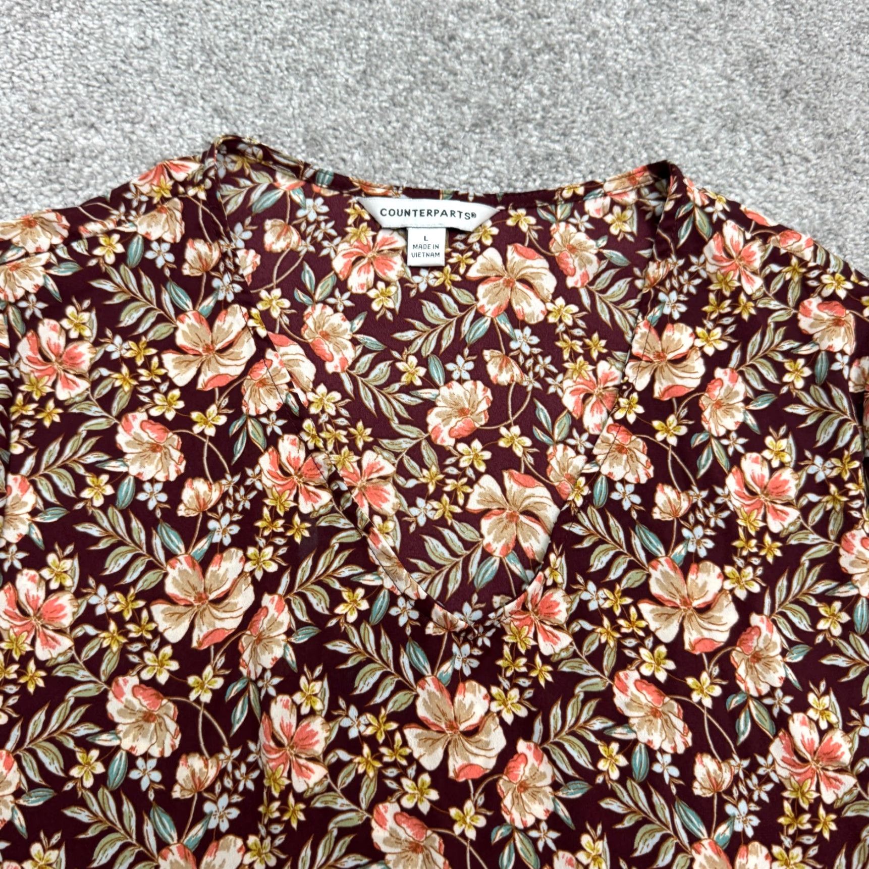 Vintage Counterparts Blouse Womens Large Burgundy Floral Long Sleeve V-Neck Tunic Top Size L / US 10 / IT 46 - 4 Thumbnail