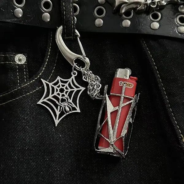 Jewelry Silver Geometric Lighter Holder Keychain with Spider Charm Size ONE SIZE - 6 Thumbnail
