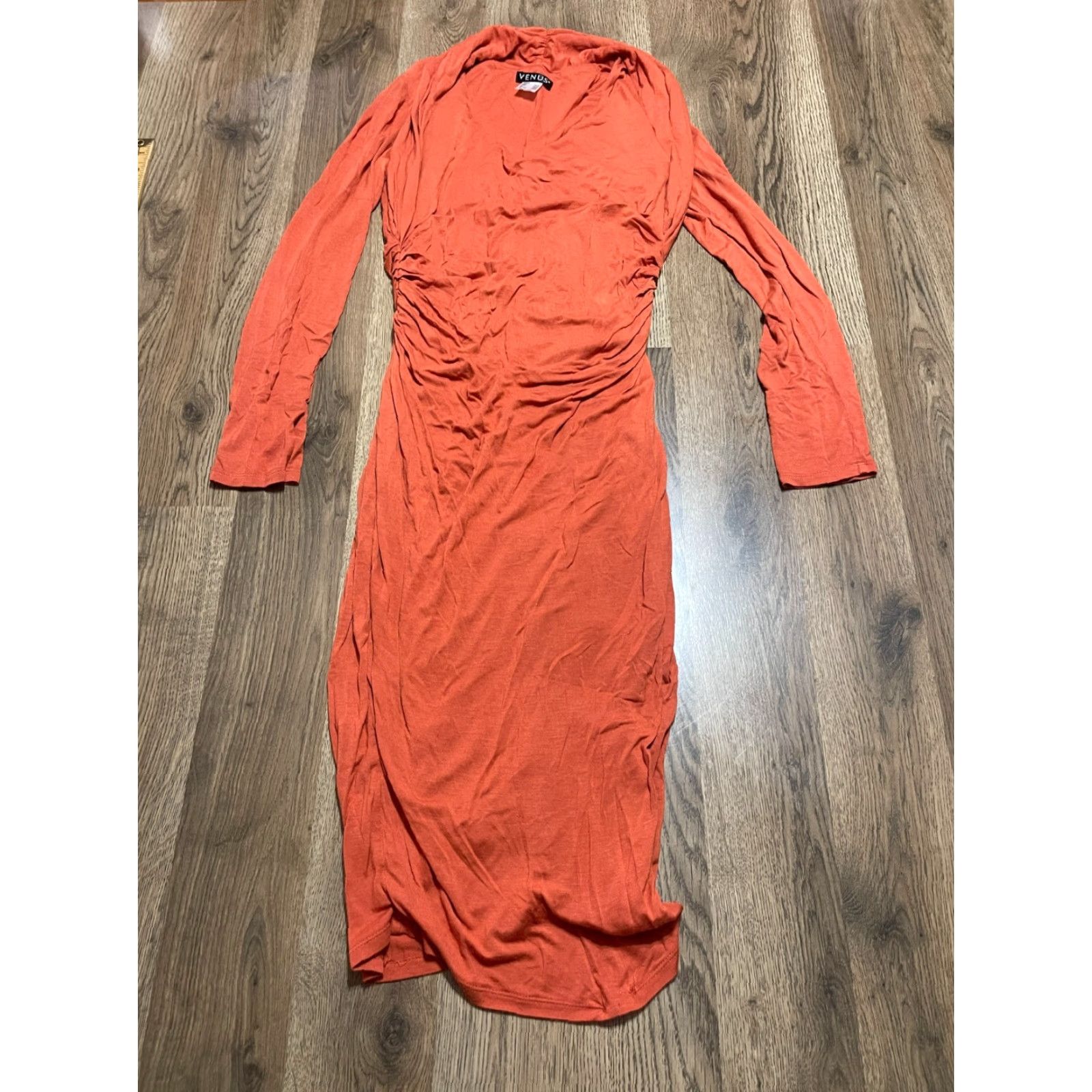 Venus Venus Dress Women's Small Orange Long Sleeve Midi V-Neck Pullover Casual - Maxi, Regular, VenUs Size S / US 4 / IT 40 - 2 Thumbnail