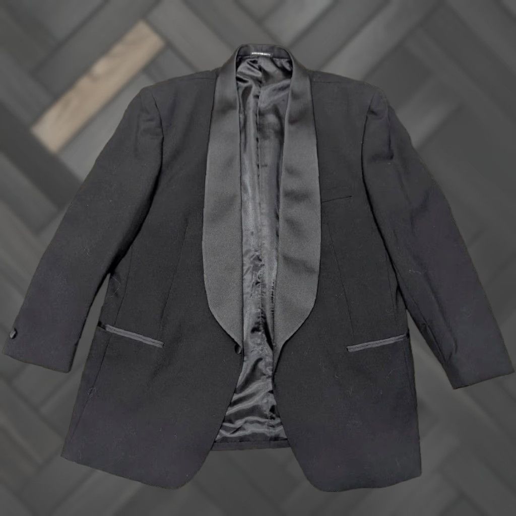 Vintage VINTAGE Neil Allyn Blazer 48R Wool Shawl Tuxedo Jacket Mens Black Wool Single-Breasted One-Button Pattern: Solid 1980s-90s Size 48R - 1 Thumbnail