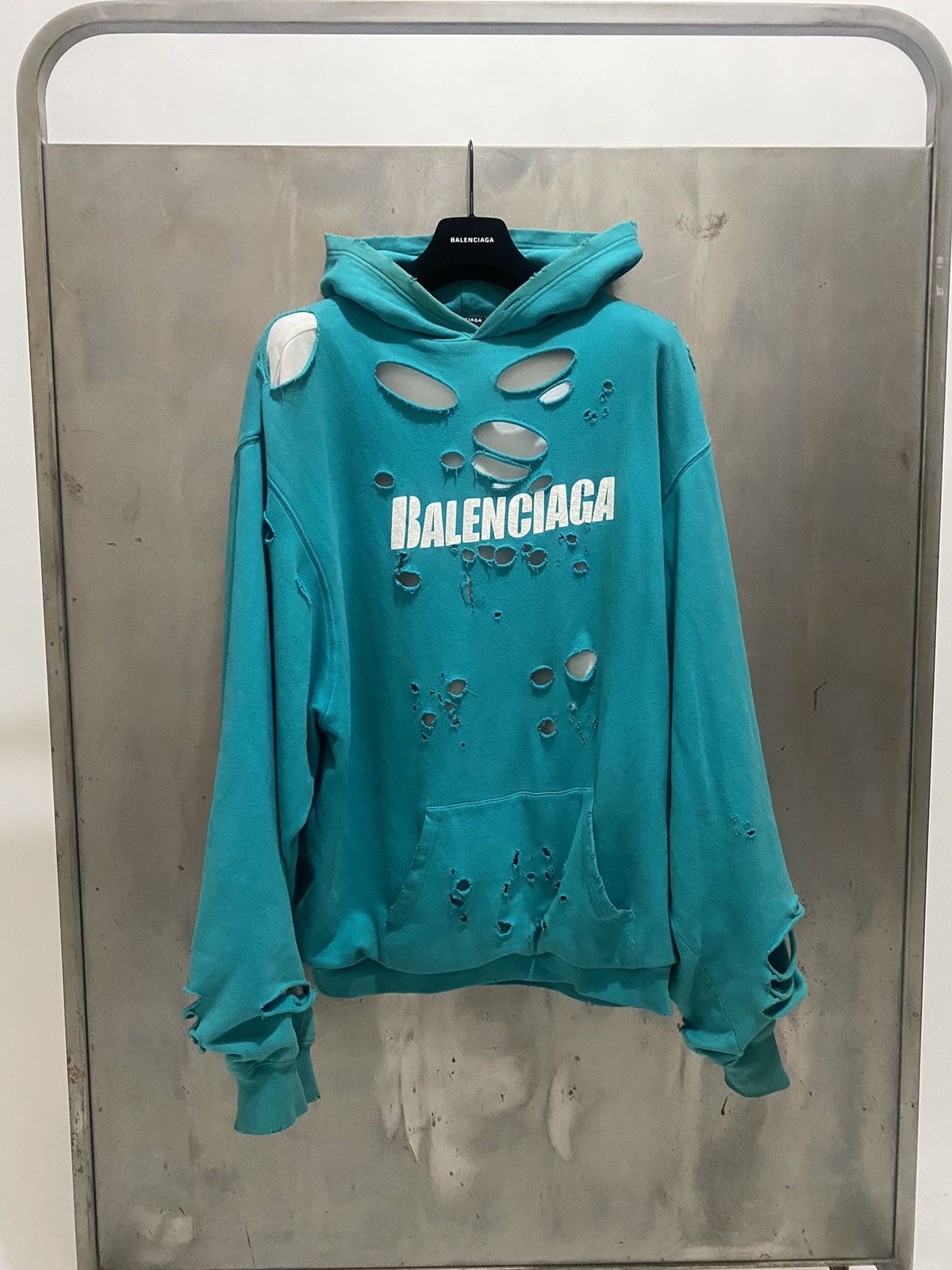 image of Balenciaga Destroyed Hoodie in Blue, Men's (Size XS)