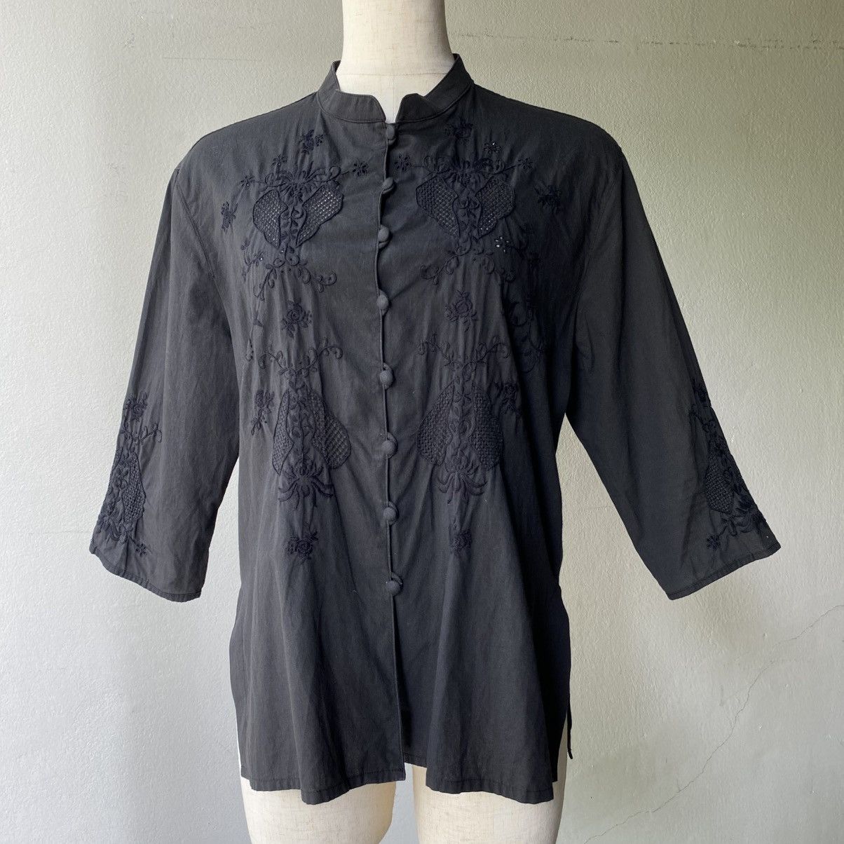 Japanese Brand POWDER Black Mandarin Collar Shirt Size L / US 10 / IT 46 - 3 Thumbnail