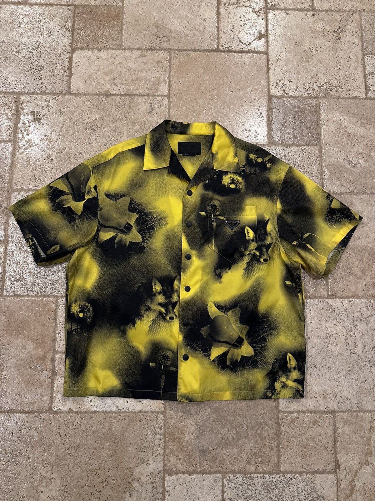 Prada Prada Abstract Fox-Print Yellow Nylon Yellow Bowling Shirt Size US XL / EU 56 / 4 - 3 Thumbnail