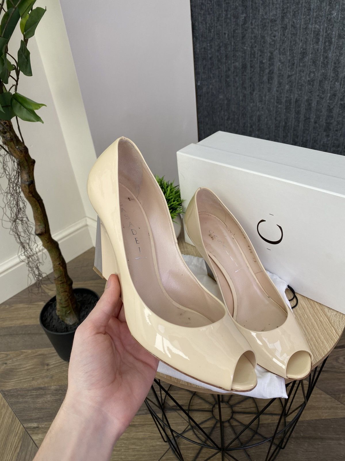 Casadei Casadei Patent Leather Wedge Heels Nude Peep Toe Pumps Size US 9 / IT 39 - 3 Thumbnail