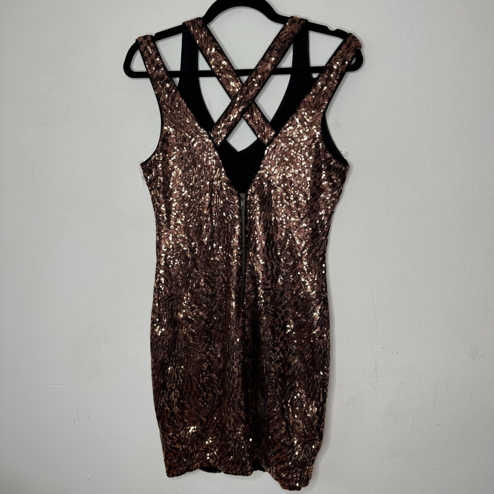 Bebe Bebe Copper Bronze Sequin Mini Dress Criss Cross Back Zip M Size M / US 6-8 / IT 42-44 - 7 Thumbnail