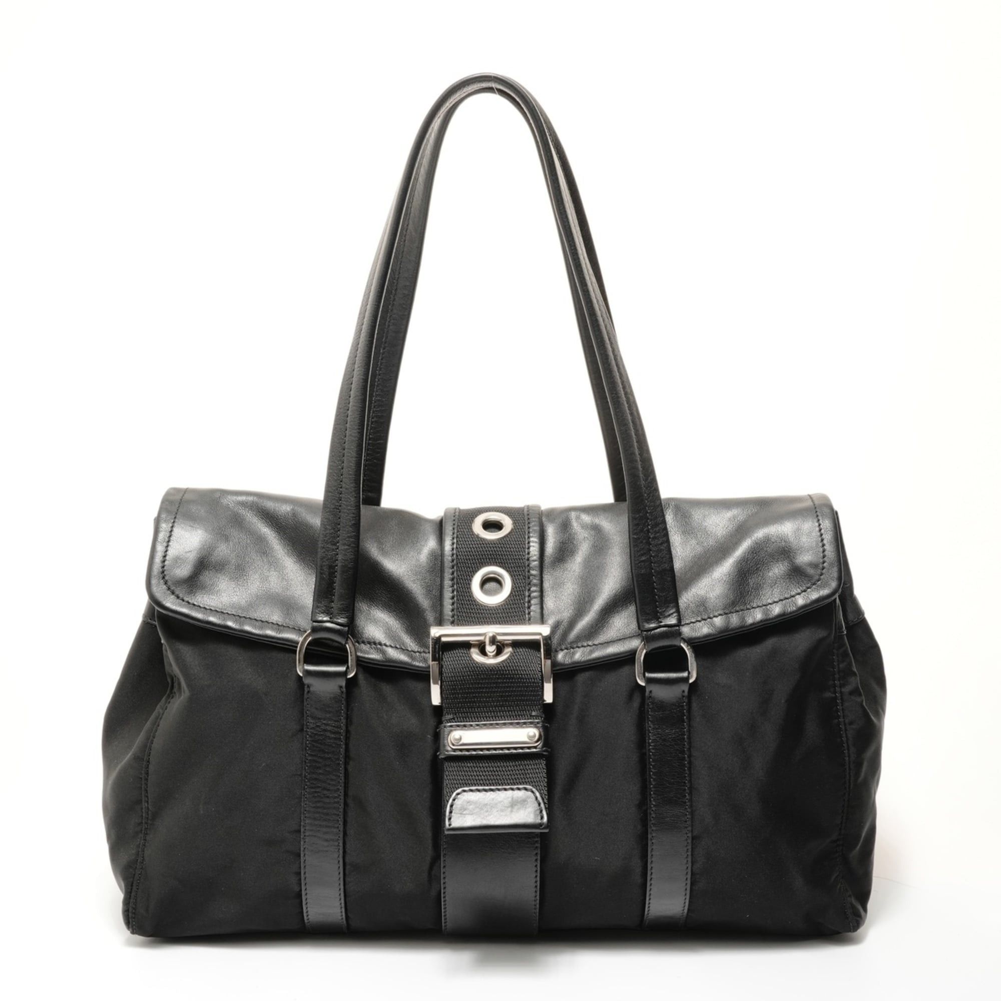Prada Prada Nylon Leather Triangle Logo Buckle Shoulder Bag, Black Size ONE SIZE - 1 Thumbnail