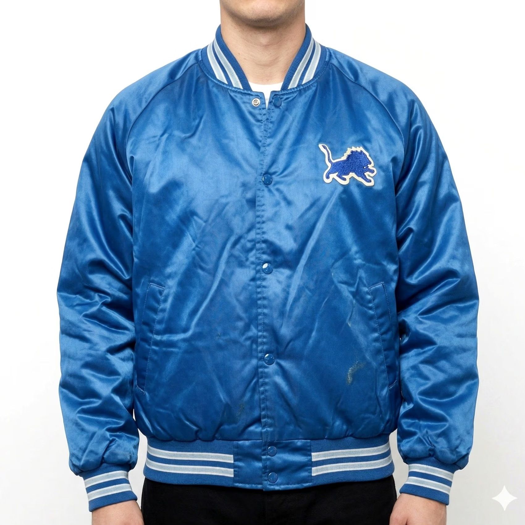 Chalk Line VINTAGE Chalk Line Detroit Lions Satin Bomber Jacket Mens XL Blue EUC Size US XL / EU 56 / 4 - 2 Thumbnail