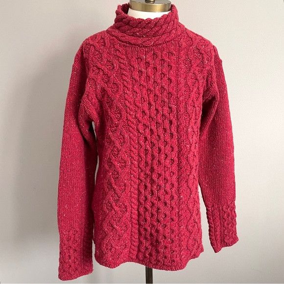 Aran Sweater Market Aran Red Speckled Wool Cashmere Cableknit Sweater - XL 🇮🇪 Size XL / US 12-14 / IT 48-50 - 2 Thumbnail