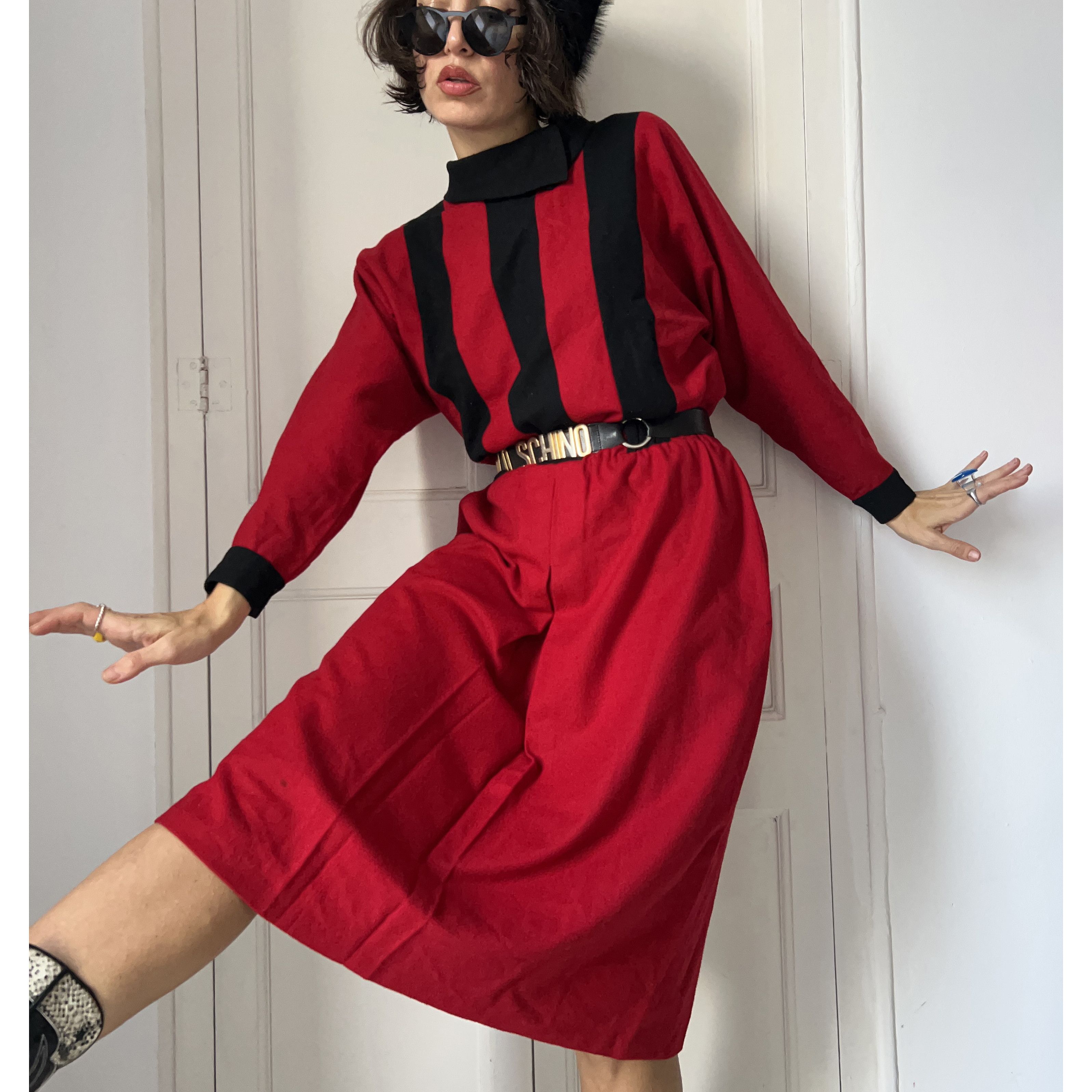 Vintage Vintage 80s Red Black Striped Wool Dress Size L / US 10 / IT 46 - 1 Thumbnail