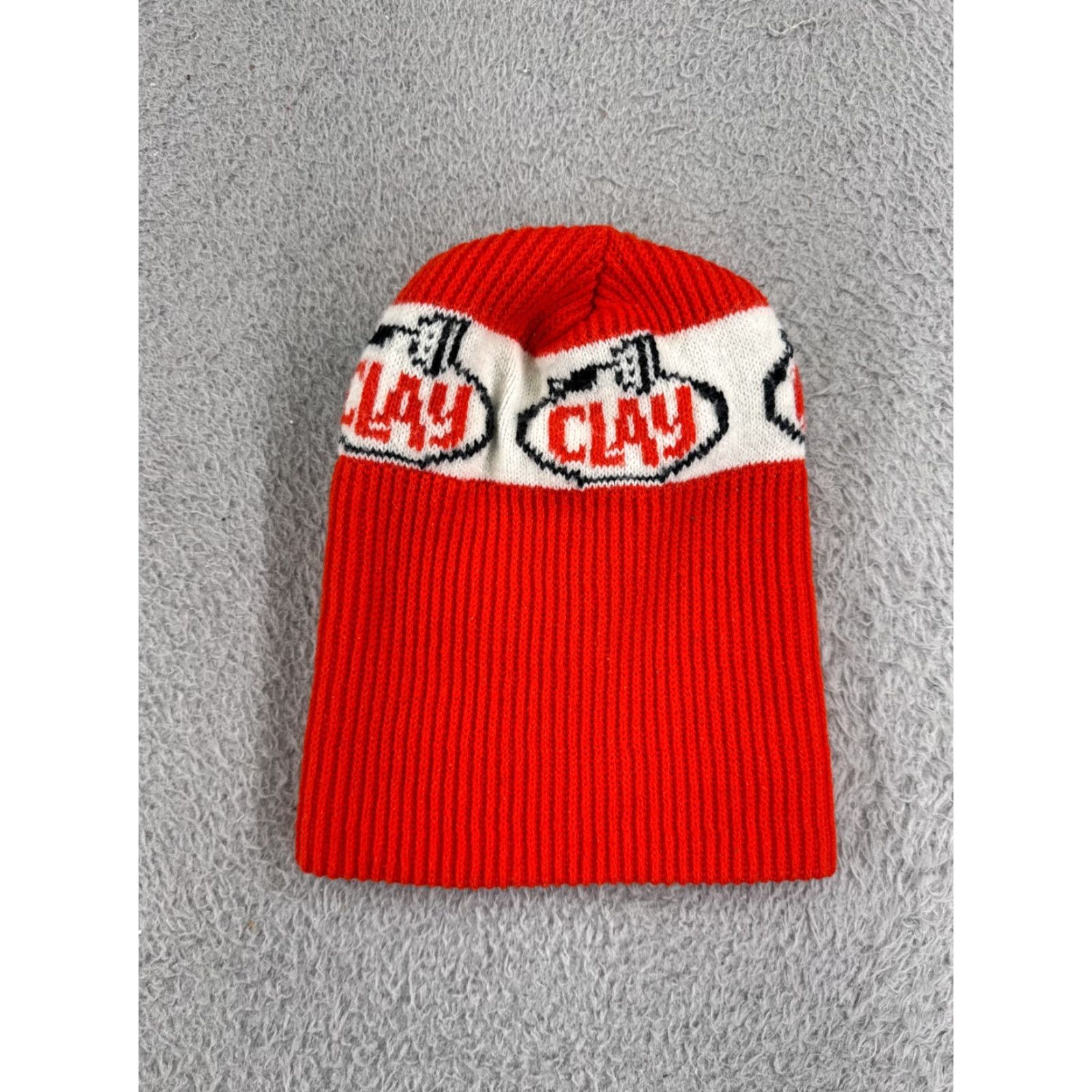 Vintage Clay Beanie Beanie Adult One Size Red Acrylic Knit Hat Men Beanie 100% Acrylic Ski Snowboard Logo Winter Hats Size ONE SIZE - 2 Thumbnail