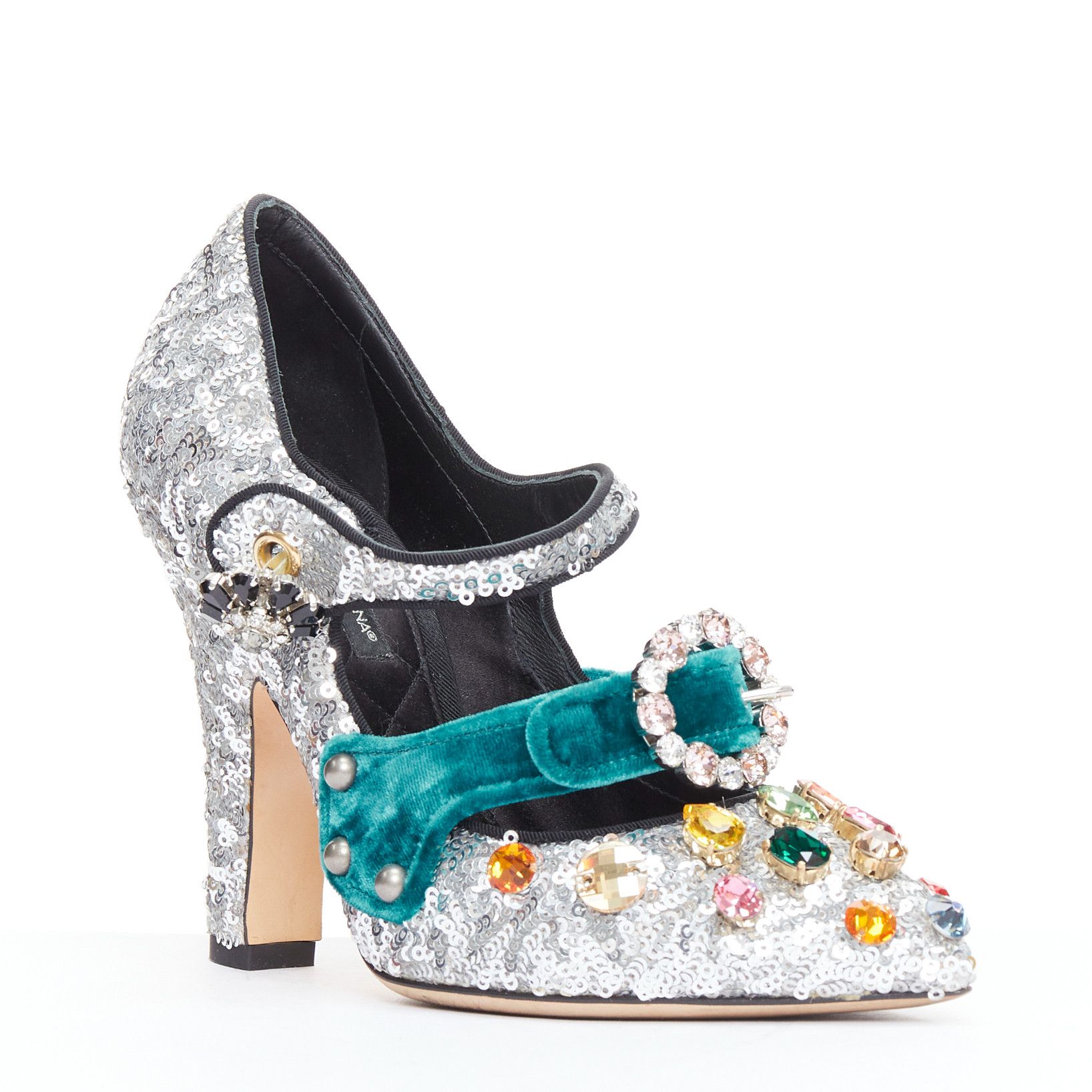 Dolce & Gabbana DOLCE GABBANA Bellucci silver glitter rhinestone green velvet heels EU36 Size US 6 / IT 36 - 1 Thumbnail
