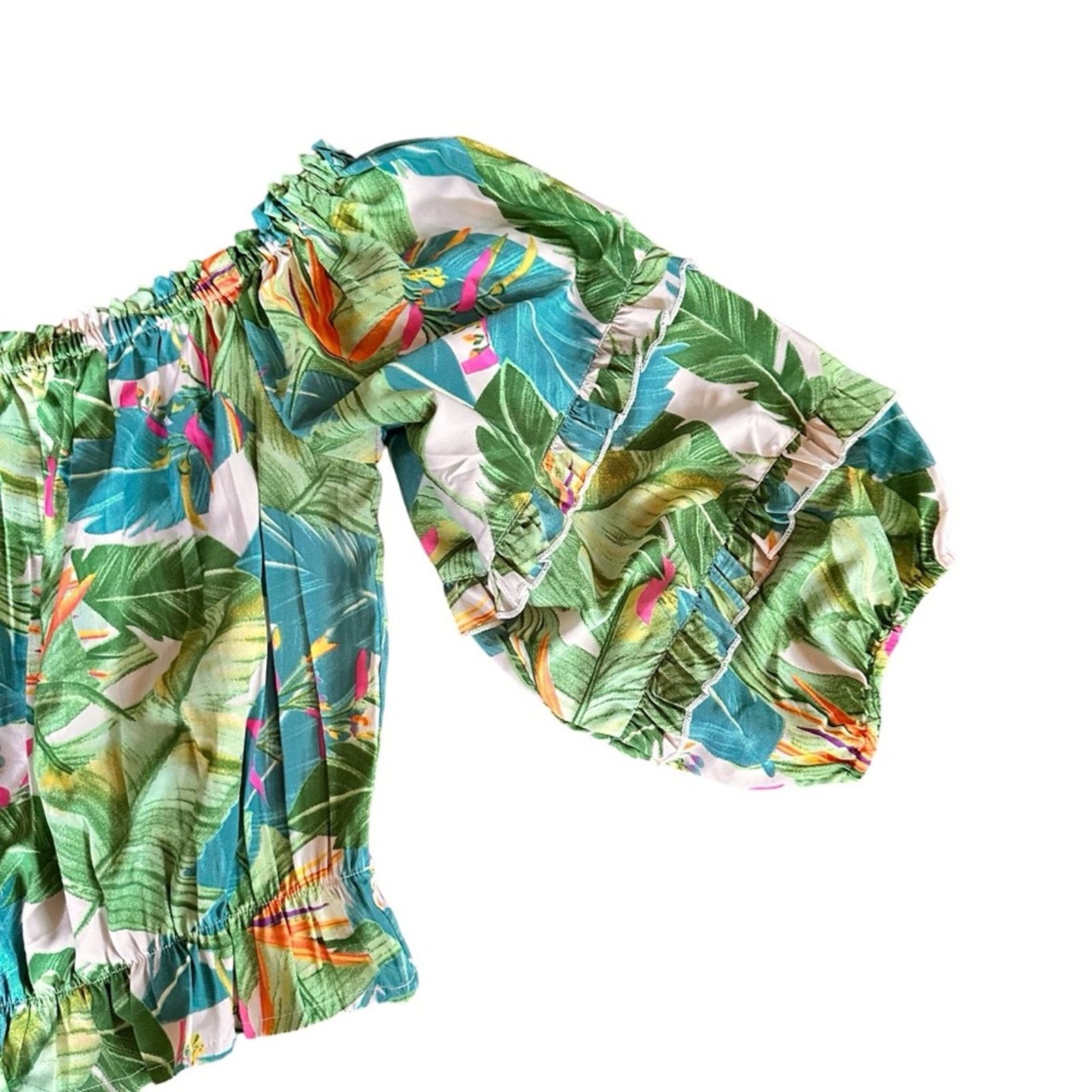 Rachel Zoe Rachel Zoe Tropical Off-the-Shoulder Crop Blouse Green/Blue Size M / US 6-8 / IT 42-44 - 3 Thumbnail