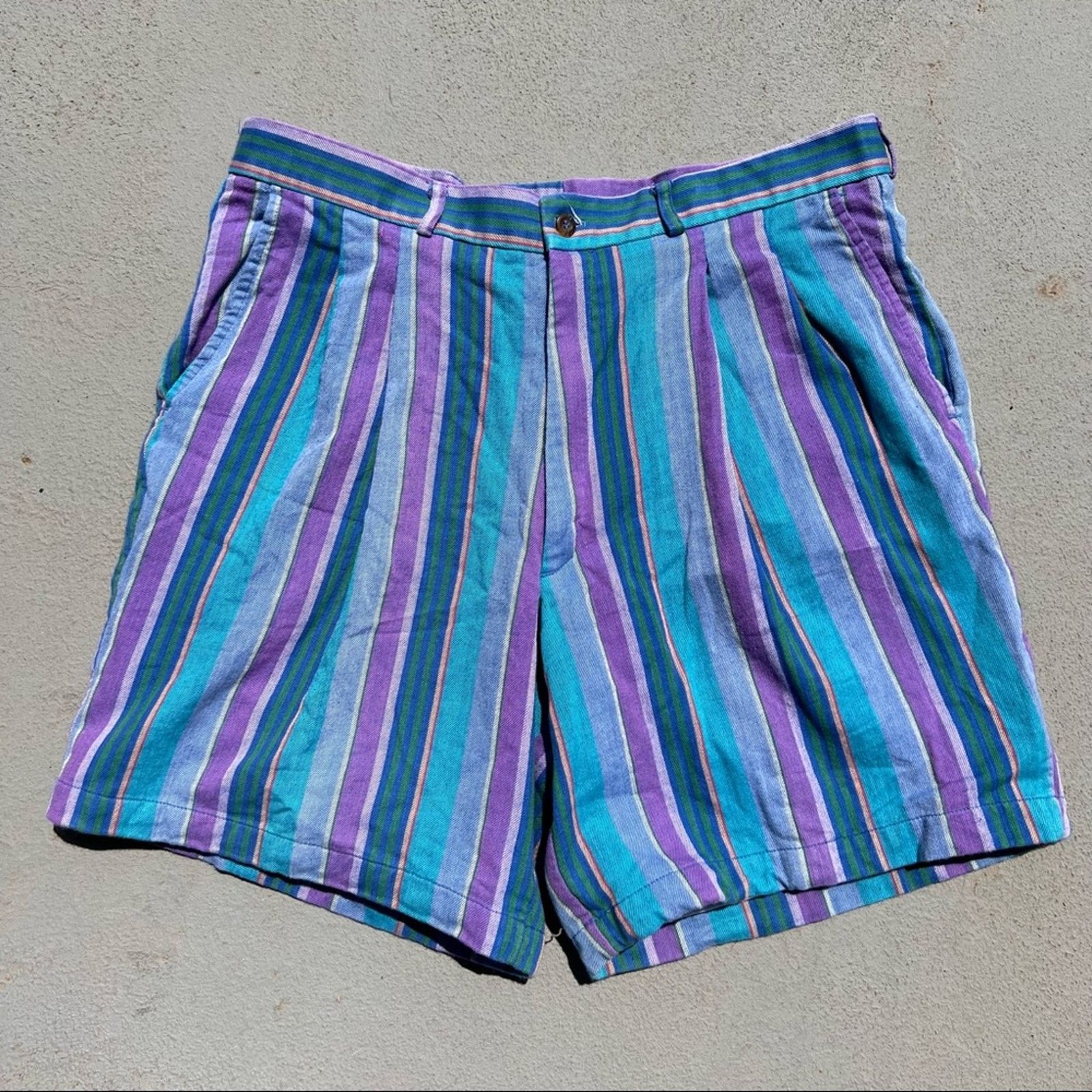 Pendleton Lobo by Pendleton stripe teal purple blue green pleat shorts Size US 36 / EU 52 - 1 Thumbnail