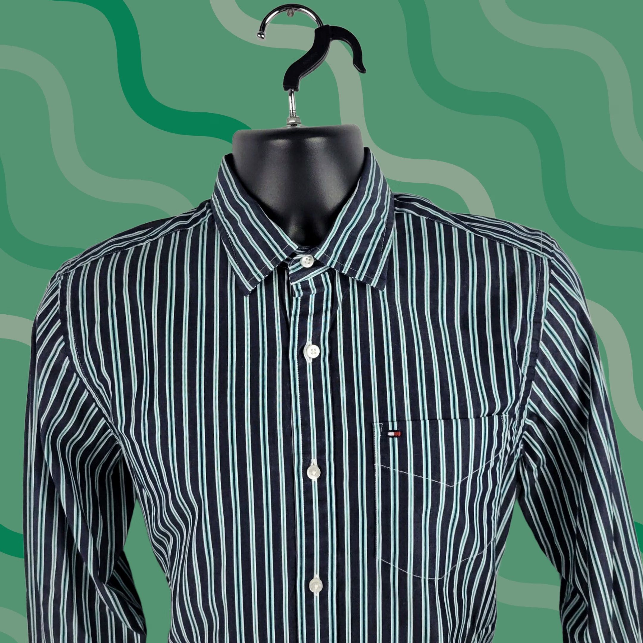 Tommy Hilfiger VINTAGE Tommy Hilfiger Dress Shirt S Green Striped 80s Mens Short Sleeve Button-Front Custom Fit T51 Size 36R - 1 Thumbnail