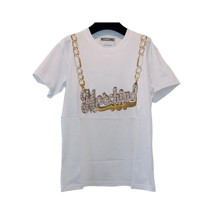 image of Moschino Logo Gold Chain White T Shirt S, Men's (Size Small)