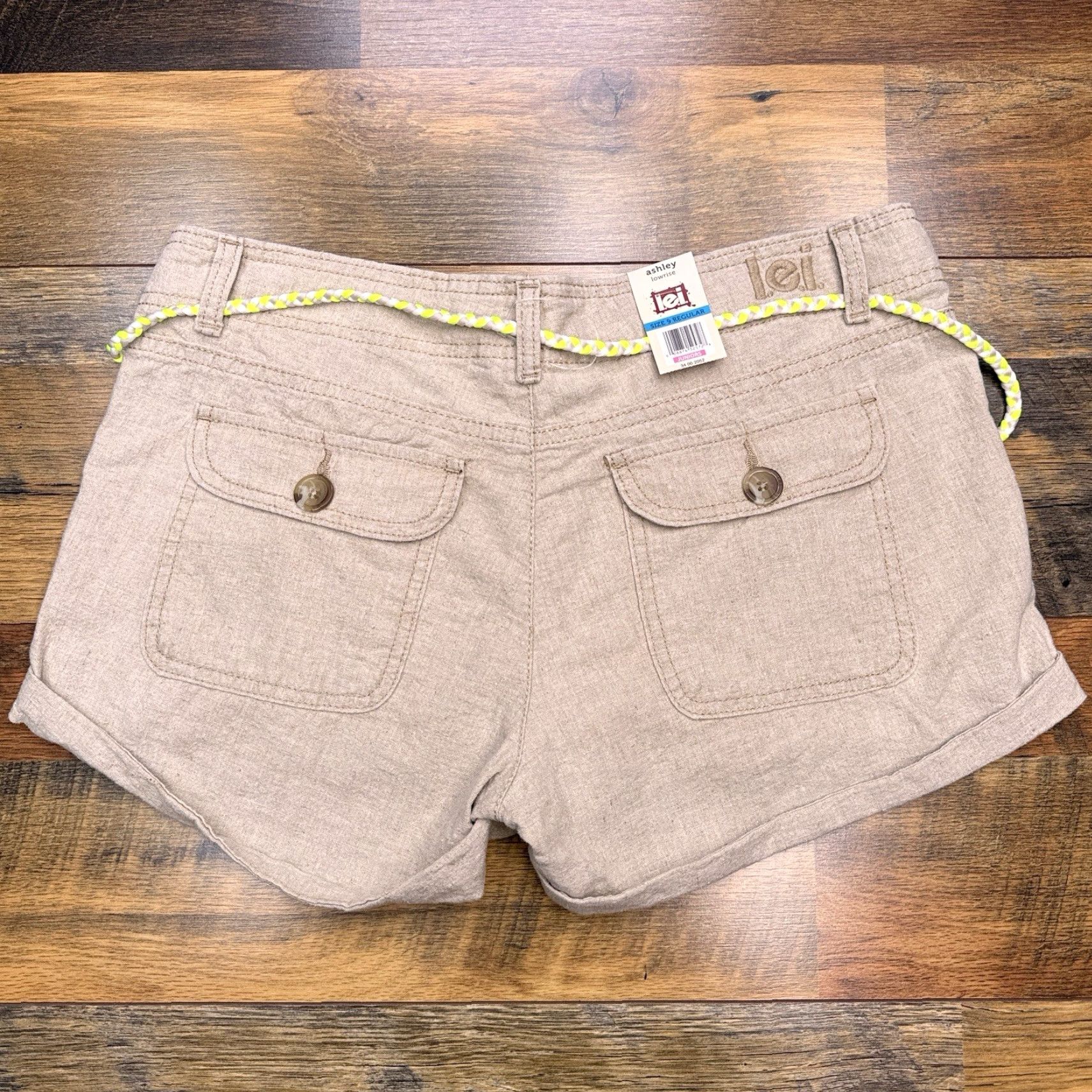 Vintage Lei Short Juniors 9 Tan Neon Belt Low Rise Chino Knit Cotton Linen Regular Belted Zip Casual Summer Spring Fall Adults? Size 30" / US 8 / IT 44 - 2 Thumbnail