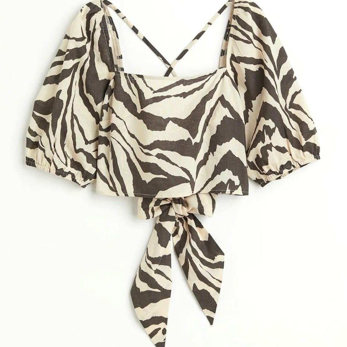 H&M H&M Cropped Top Womens S Beige Zebra Print Linen Slim Square Neck Open Back Shirt" Size S / US 4 / IT 40 - 2 Thumbnail