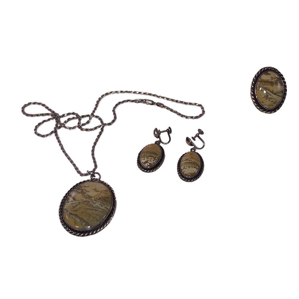 Handmade Sterling Painted Desert Jasper Necklace Earrings & Ring Set Size ONE SIZE - 1 Thumbnail