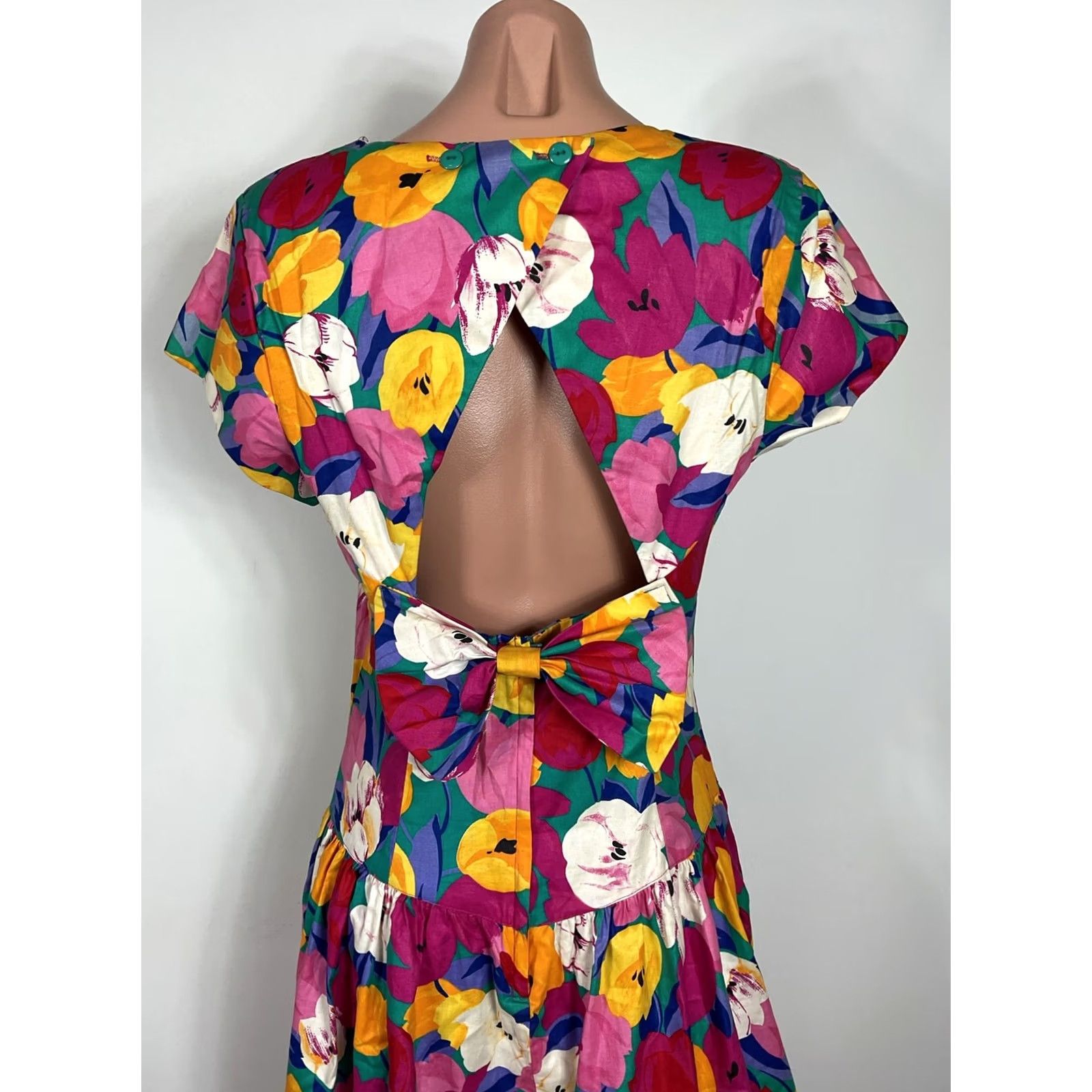 Vintage VINTAGE John Richard Sundress Shirt Dress 80s Floral Red 12 Women/Adult Mod Disco Bow Keyhole Back Occassion Day Dress Size XL / US 12-14 / IT 48-50 - 7 Thumbnail