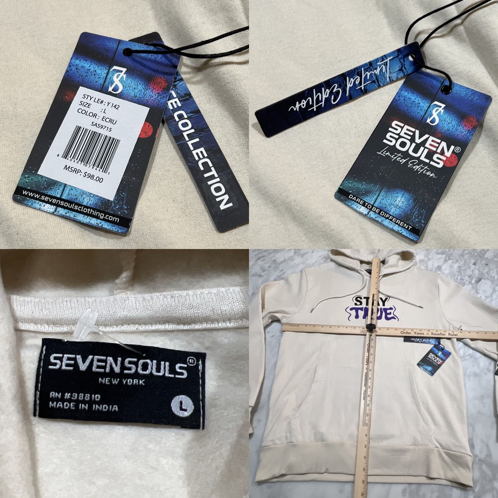 Vintage Seven Souls Hoodie Sweatshirt Men Large Beige Graphic Print Fleece Pullover Stay True Limited Edition NWT Size US L / EU 52-54 / 3 - 9 Thumbnail