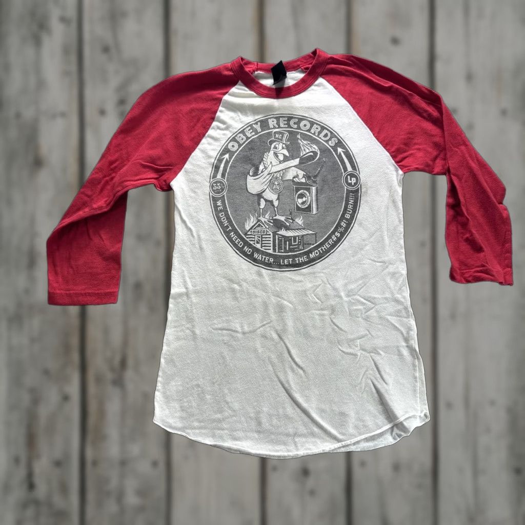 Obey OBEY Records Shirt Mens Small White Red Raglan 3/4 Sleeve Graphic Tee Made USA Size US S / EU 44-46 / 1 - 1 Thumbnail
