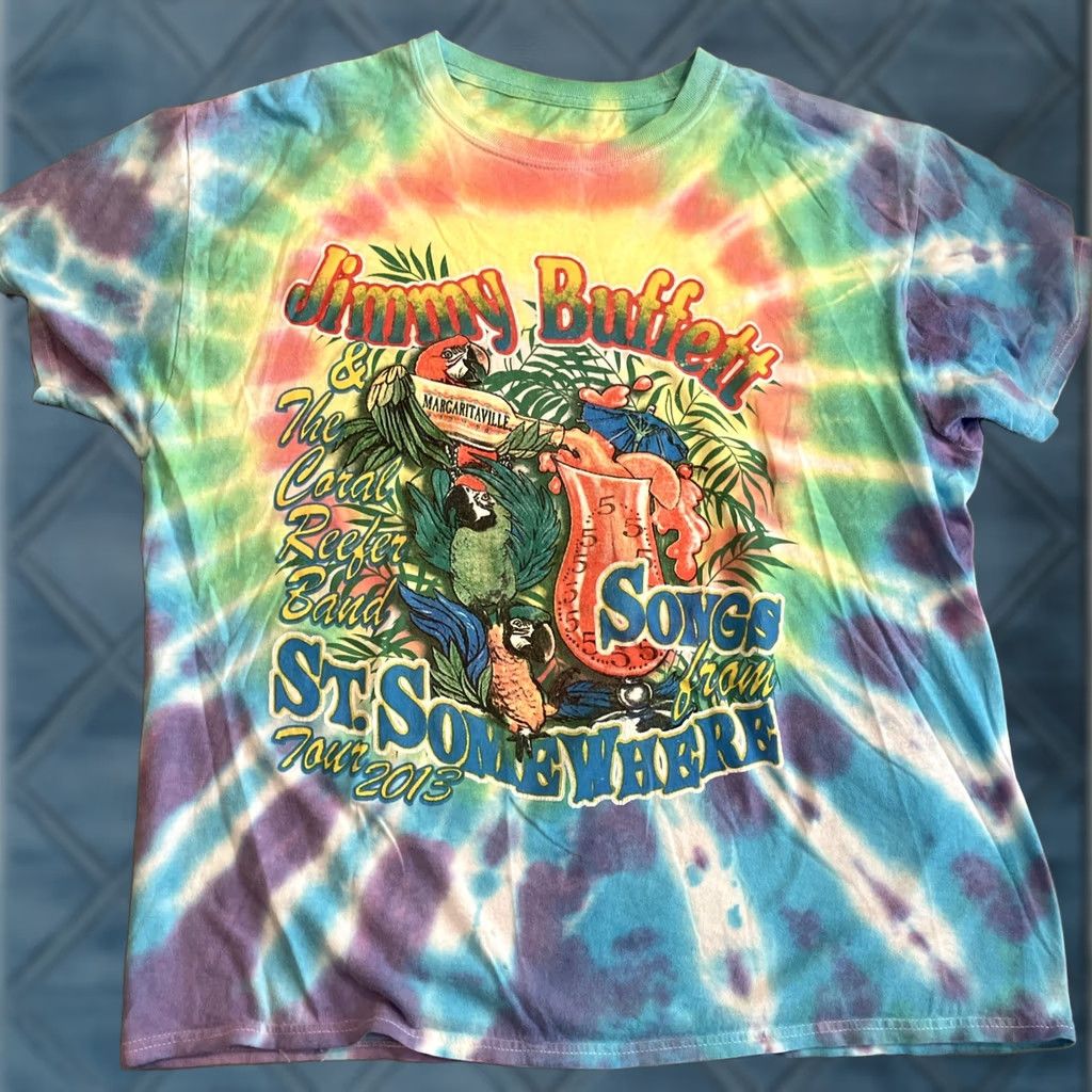 Hanes JIMMY BUFFETT & CORAL REEFER BAND- 2013 SONGS ST SOMEWHERE- TIE DYE T SHIRT - L Shirt Mens Concert Tee Tour Dates Multicolor Cotton Blend Hanes Size US L / EU 52-54 / 3 - 1 Thumbnail