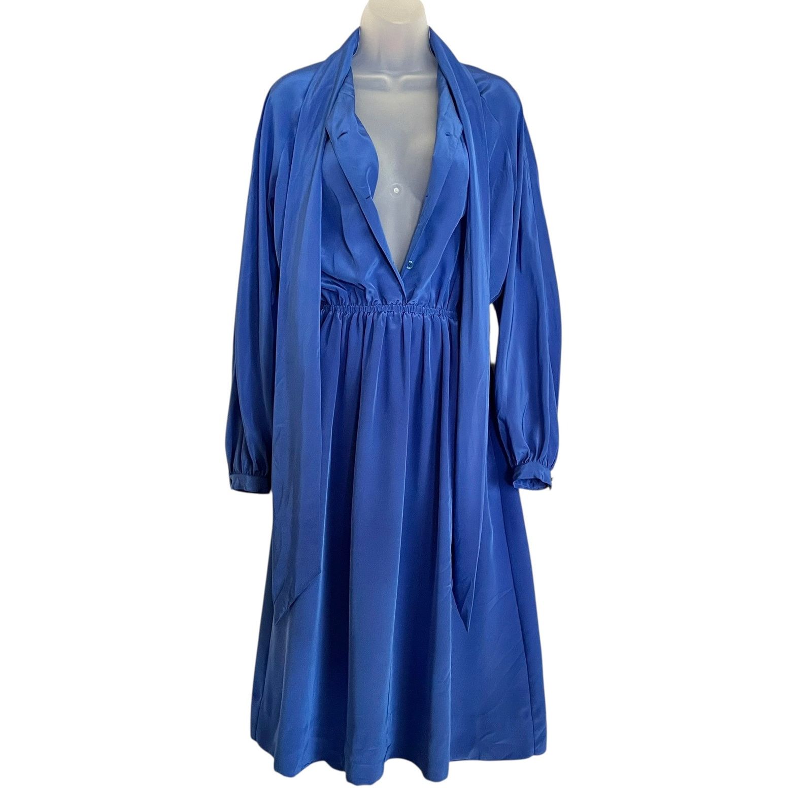 Halston × Vintage Vintage Halston III Blue Satin Tie-Neck Blouson Midi Dress Size XS / US 0-2 / IT 36-38 - 6 Thumbnail