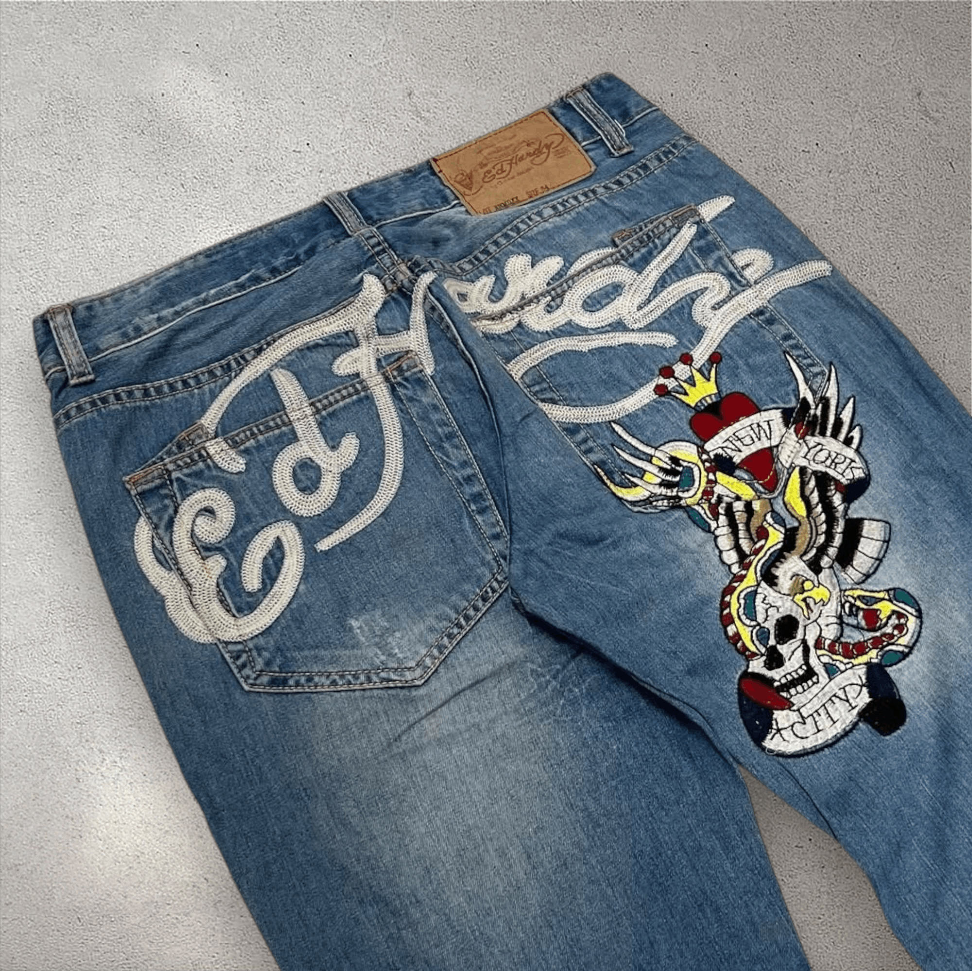 Christian Audigier × Ed Hardy Y2k Ed Hardy ' 🔥 Fire skull 💀' Embroidery Denim Jorts Size US 34 / EU 50 - 3 Thumbnail
