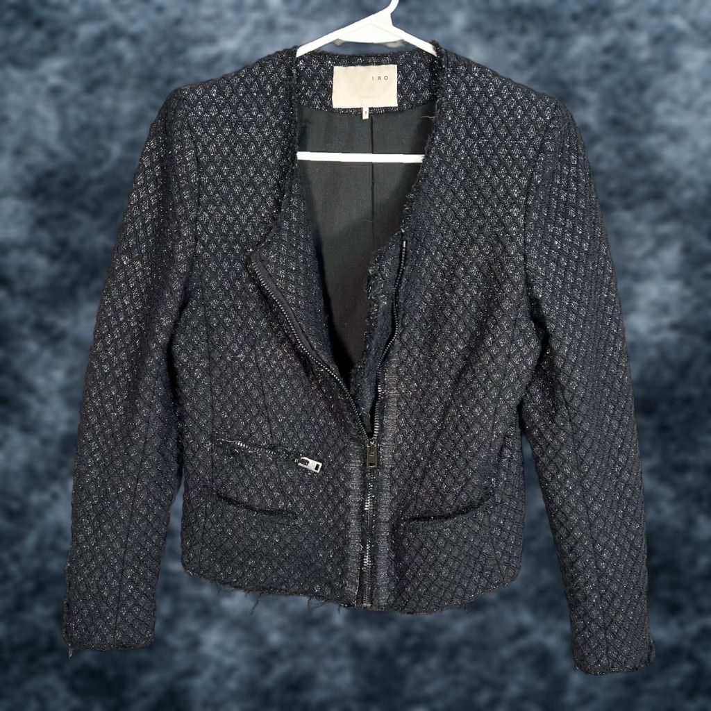 Iro IRO Jacket Womens US 1 Black Full Zip Fringe Tweed Wool Moto Blazer Size XS / US 0-2 / IT 36-38 - 1 Thumbnail