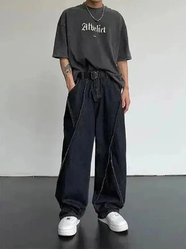 Jean Asamiya x Ruuko Faded Frayed Dark Denim Wide-Leg Jeans Size US 34 / EU 50 - 2 Thumbnail