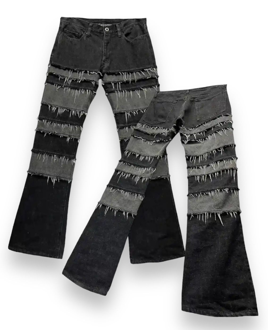 image of Self Edge Fyedesigner Frayed Panel Hagi Patchwork Flare Denim in Black, Men's (Size 31)