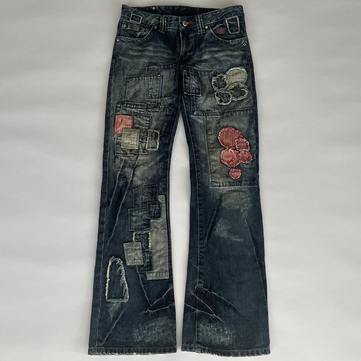 image of Army Of No! 2000's Distressed Boro Flared Patchwork Jeans in Blue, Men's (Size 30)