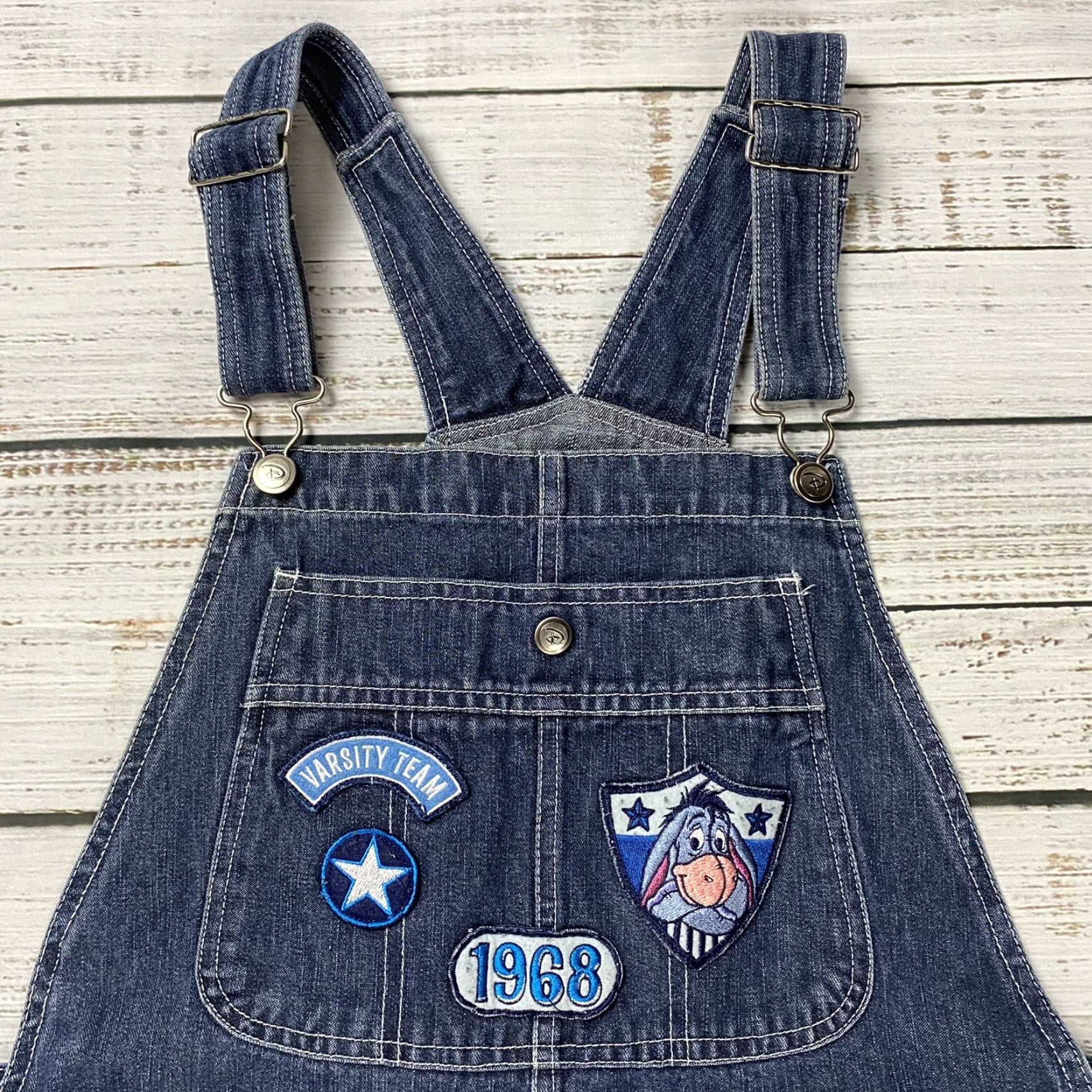 Disney VINTAGE Disney Eeyore Denim Overalls Womens Large Dark Wash Patched Classic 90s Size 36" / US 14 / IT 50 - 2 Thumbnail