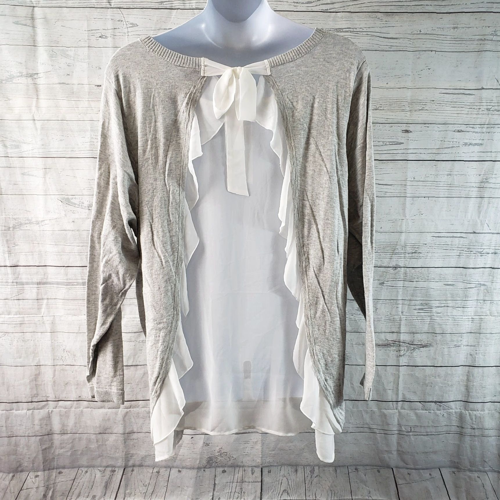 Torrid Torrid Womens Chiffon Ruffled Back Sweater Sz 5X Gray White Long Sleeve Cotton Size XXL / US 16-18 / IT 52-54 - 4 Thumbnail
