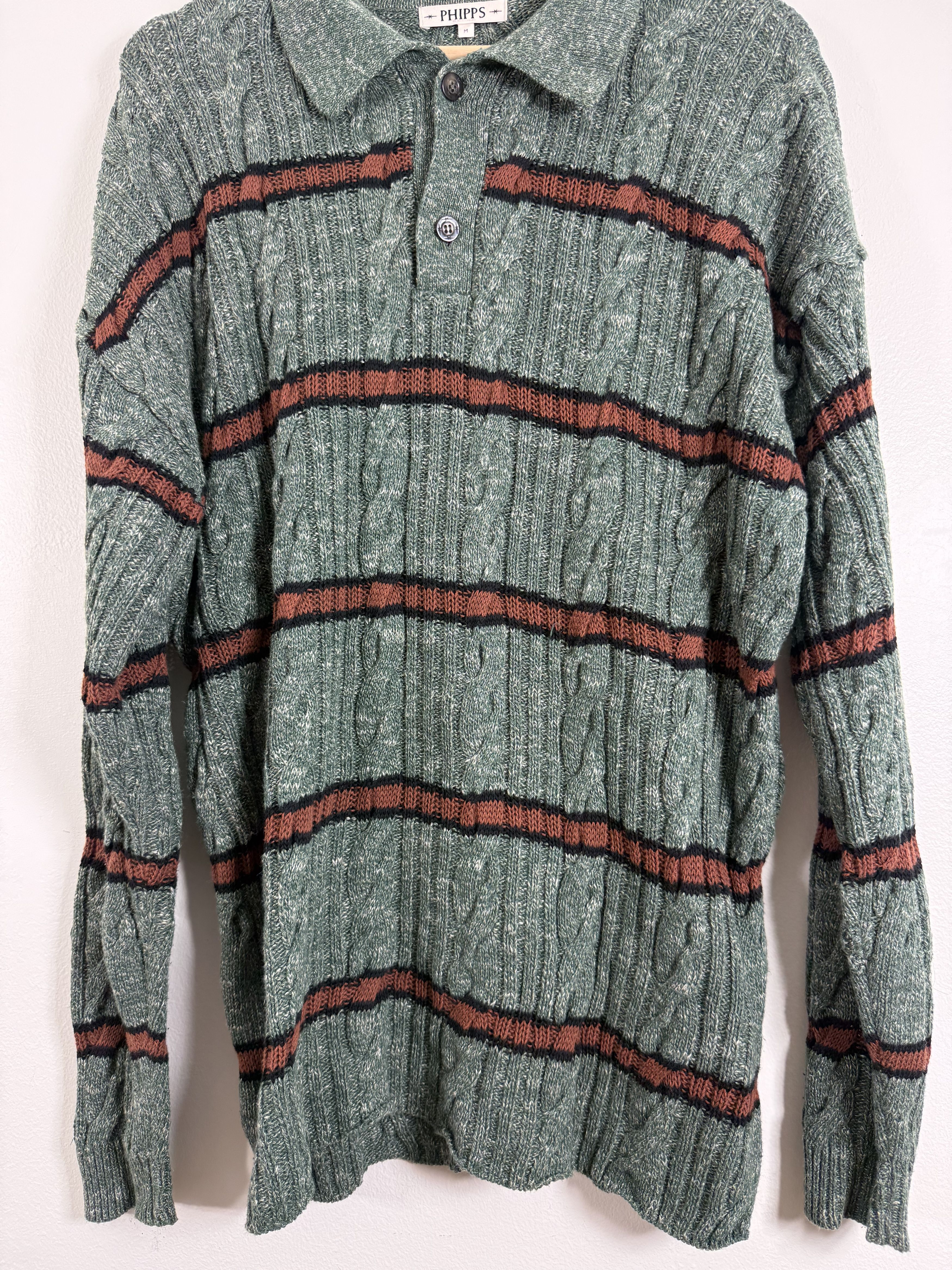 Phipps Green Wool Striped Cable Knit Polo Sweater Size US M / EU 48-50 / 2 - 2 Thumbnail