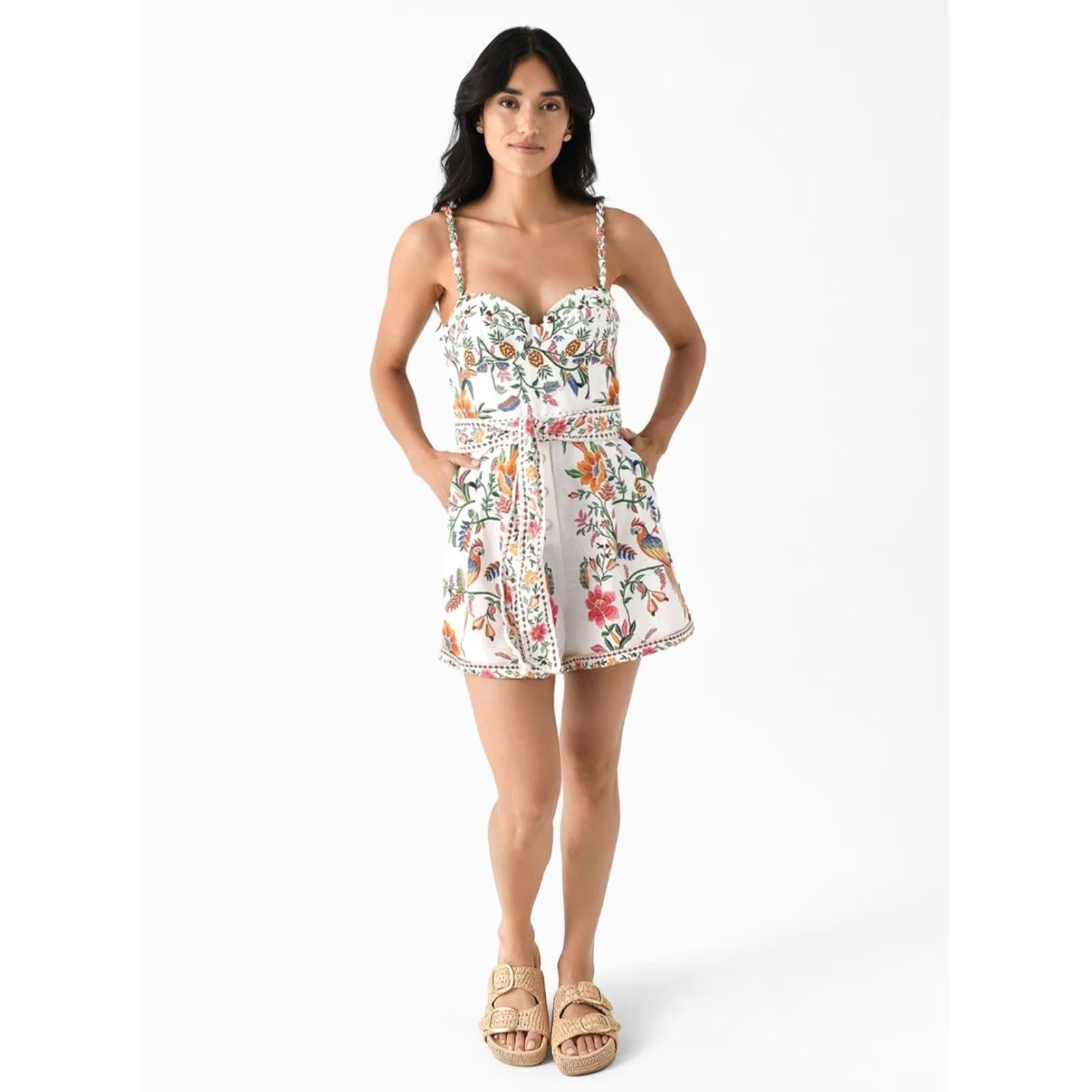 Farm Rio Farm Rio Delicate Forest Off-White Euroflax Premium Linen Romper Women's XXS NEW Size 24" / US 00 / IT 34 - 4 Thumbnail
