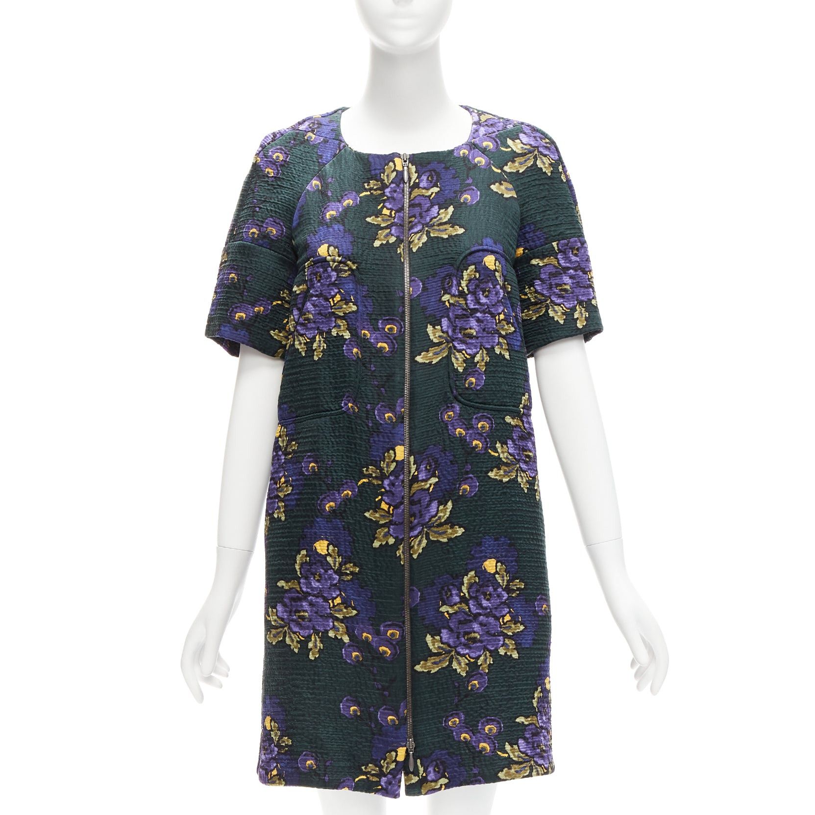 Image of Marni Green Purple Wool Silk Cloque Floral Print Zip Coat Dress It38 Xs, Women's