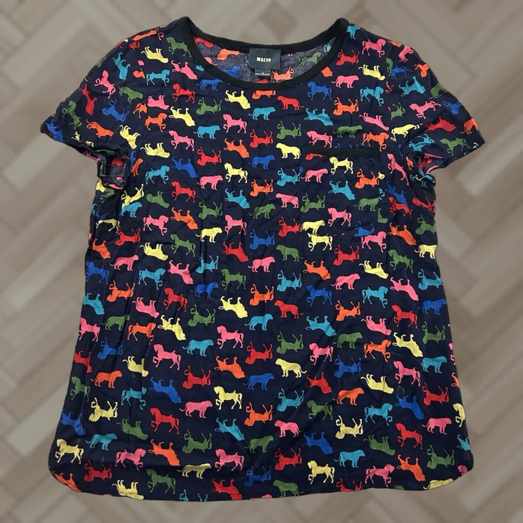 Vintage Maeve Anthropologie Short Sleeve Unicorn Print Pocket Top Women's 10 Blue Shirt Size L / US 10 / IT 46 - 1 Thumbnail