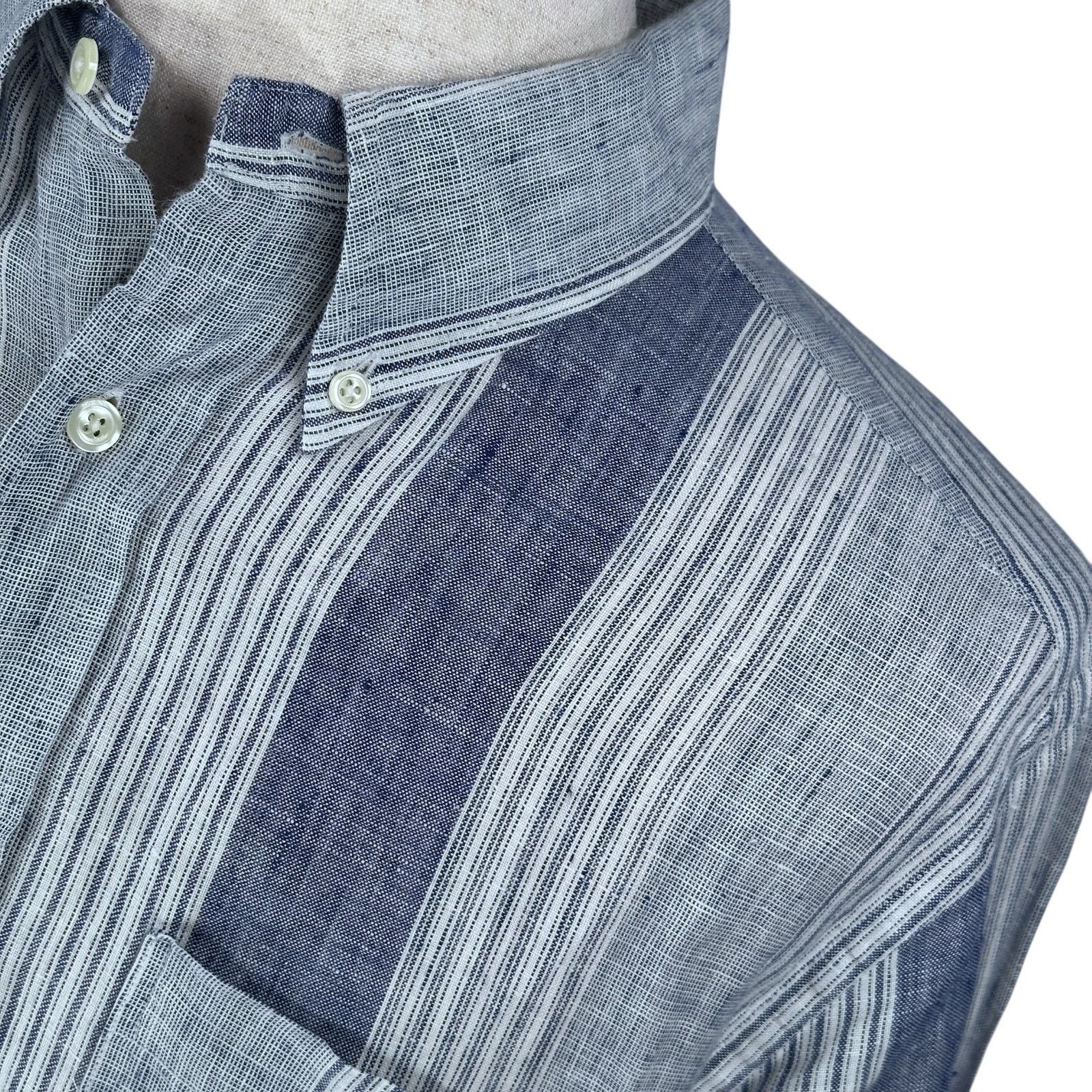 Brooks Brothers Brooks Brothers Linen Shirt Mens Large Blue Stripe Button Size US L / EU 52-54 / 3 - 3 Thumbnail