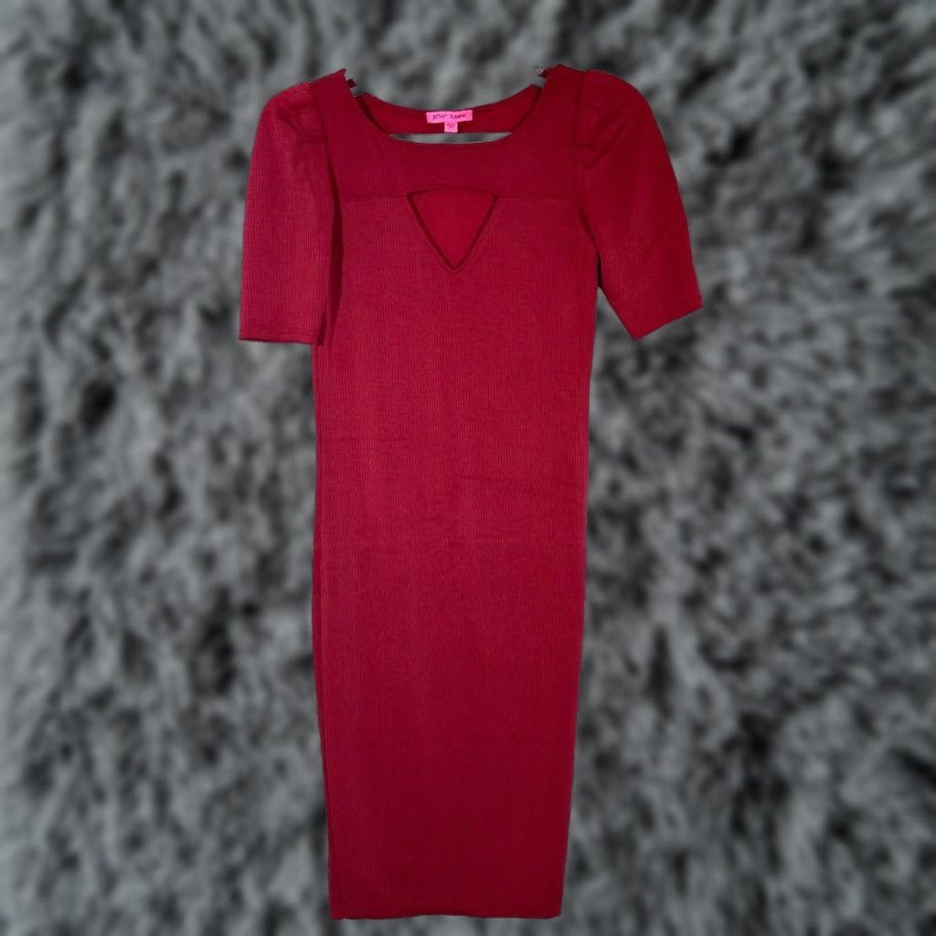 Betsey Johnson Betsey Johnson Bodycon Dress Womens Medium Maroon Ribbed Short Sleeve Pullover Knit Casual Party/Cocktail Size 32" / US 10 / IT 46 - 1 Thumbnail