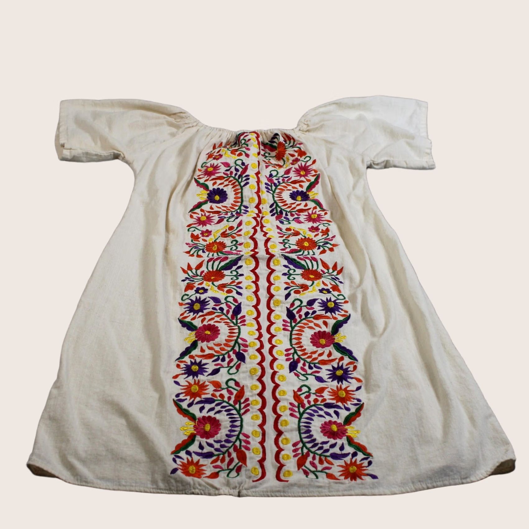Vintage VINTAGE Mexican Embroidered Floral Dress Medium Cream Floral Peasant Boho Tunic Retro Dress Size ONE SIZE - 1 Thumbnail