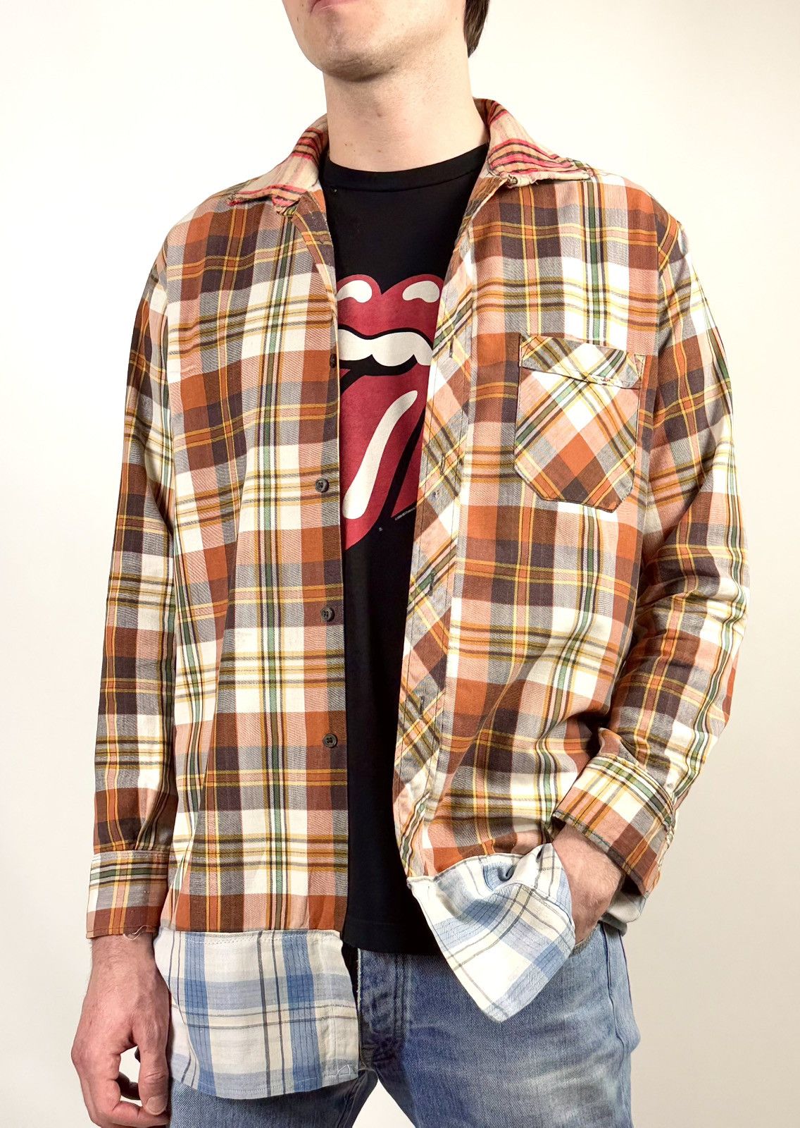 80s Vintage Flannel Distressed Reconstructed Plaid Shirt