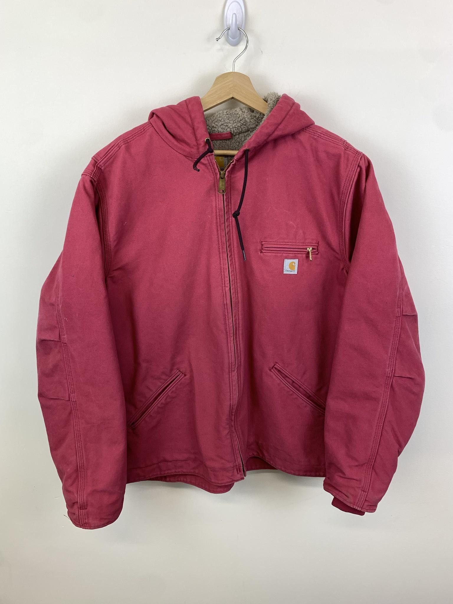 image of 1990S Pink Carhartt Sherpa Lined J141 Hooded Detroit Jacket in Red, Men's (Size Large)