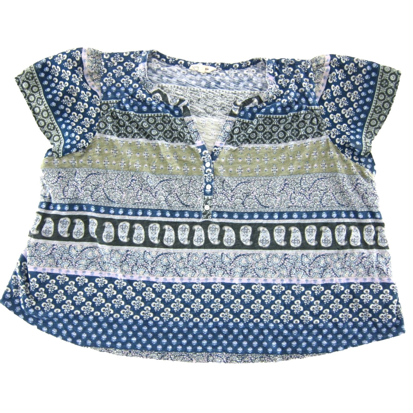 Lucky Brand LUKCY Brand Cotton Rayon Blue Pink Green Paisley Floral Short Sleeve Top 3X (Vintage) Size XXL / US 16-18 / IT 52-54 - 2 Thumbnail