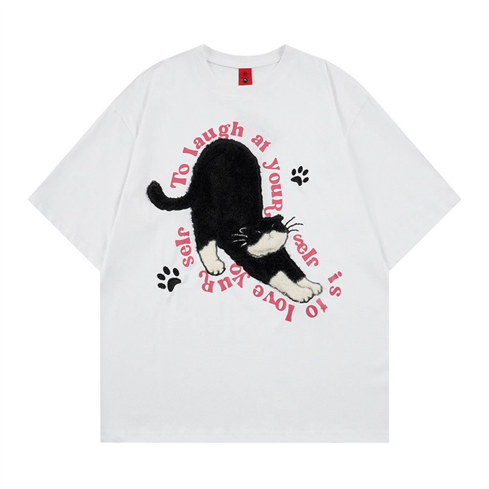 Japanese Brand Fun Cartoon Kitten Embroidered Short-Sleeve T-Shirt Size US M / EU 48-50 / 2 - 1 Thumbnail